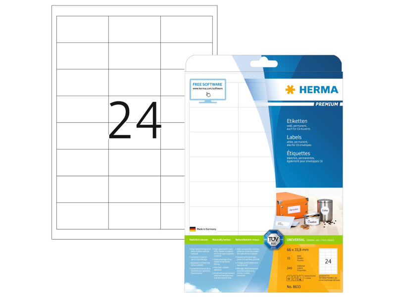 HERMA Etiquette universelle PREMIUM, 66 x 33,8 mm, blanc