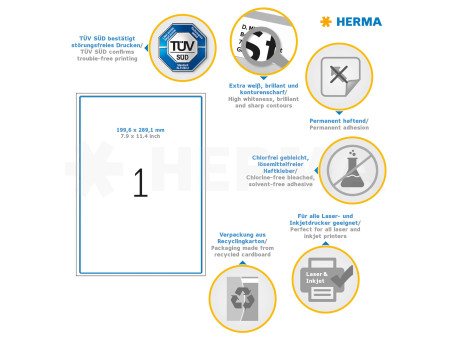 HERMA Etiquette universelle PREMIUM, 199,6 x 289,1 mm, blanc