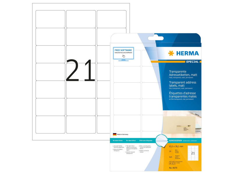 HERMA Étiquette en film SPECIAL, 63,5 x 38,1 mm, transparent