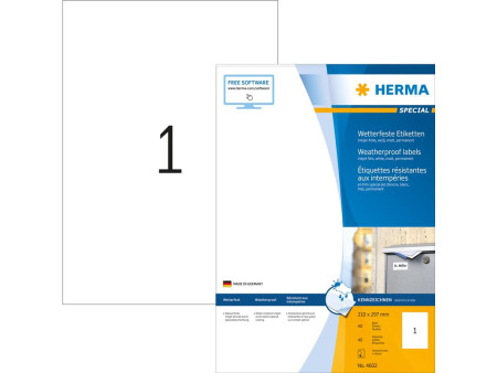 HERMA Etiquette en film jet d'encre, 210 x 297 mm, blanc