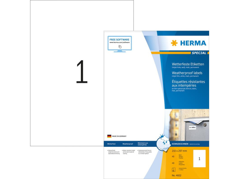 HERMA Etiquette en film jet d'encre, 210 x 297 mm, blanc