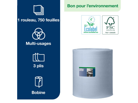 TORK Rouleau de papier nettoyant industriel, 255 m, bleu