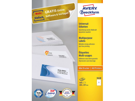 AVERY Zweckform Etiquette universelle, 200 x 297 mm, blanc