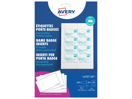 AVERY Insert imprimable pour badge, 90 x 54 mm, blanc
