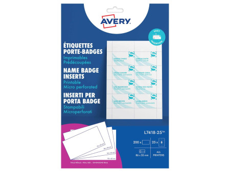 AVERY Insert imprimable pour badge, 86 x 55 mm, blanc