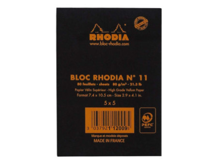 RHODIA Bloc agrafé No. 11, format A7, quadrillé 5x5, noir