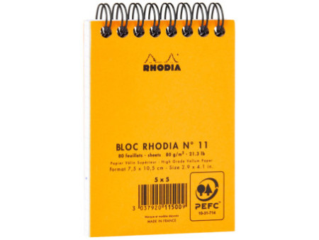 RHODIA Bloc spiralé No. 11, format A7, quadrillé 5x5, orange