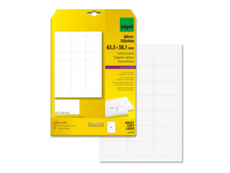 sigel étiquettes adresse, 63,5 x 38,1 mm, blanches, petit
