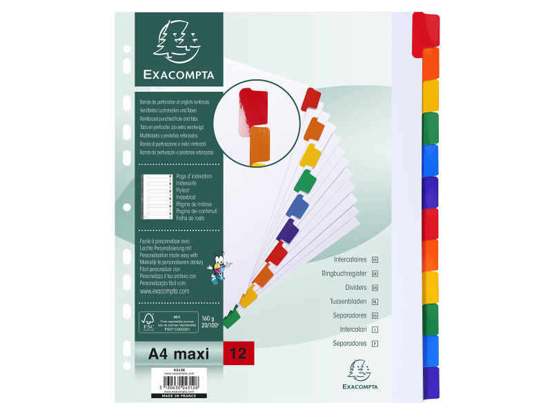 EXACOMPTA Intercalaires en carton, A4 Maxi, 12 touches