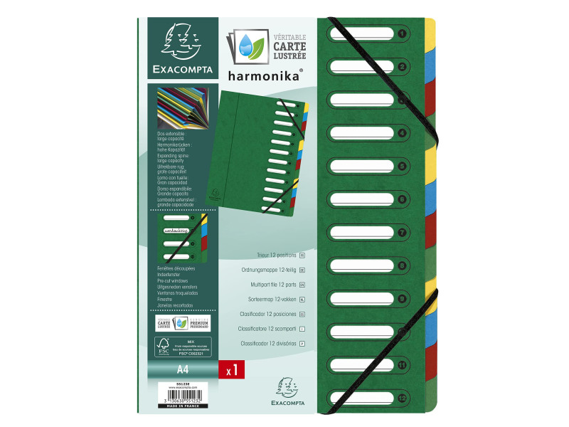 EXACOMPTA Trieur Harmonika, A4, 12 compartiments, vert