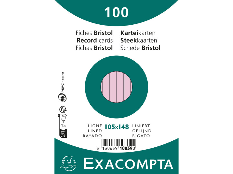 EXACOMPTA Fiches bristol, A6, ligné, rose