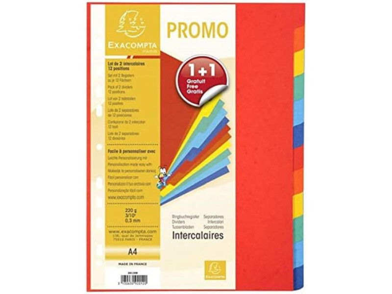 EXACOMPTA Intercalaires en carton, A4, 12 touches, promo 1+1