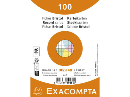 EXACOMPTA Fiches bristol, A6, quadrillé, assorti