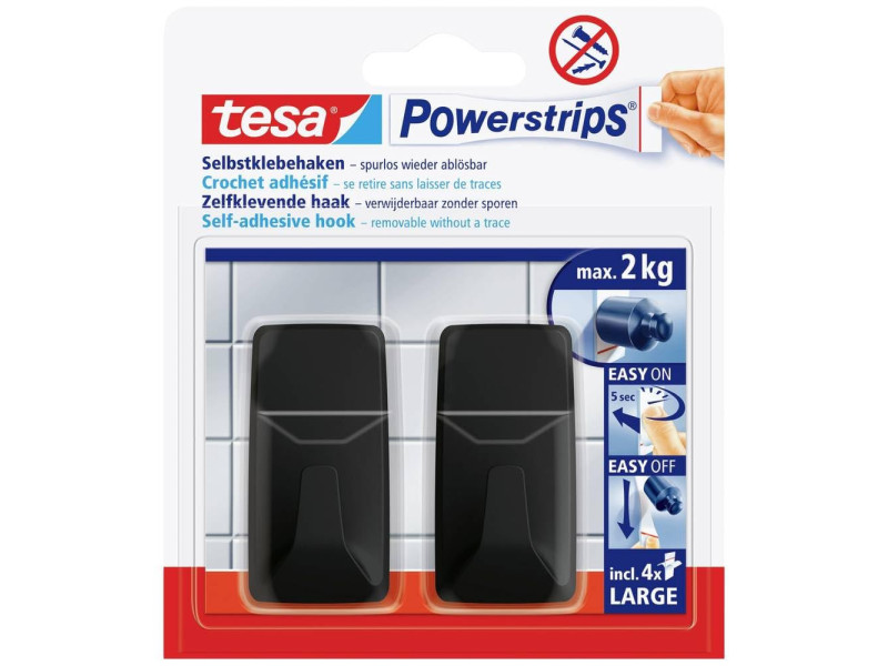 tesa Powerstrips Crochet adhésif LARGE rectangulaire, noir
