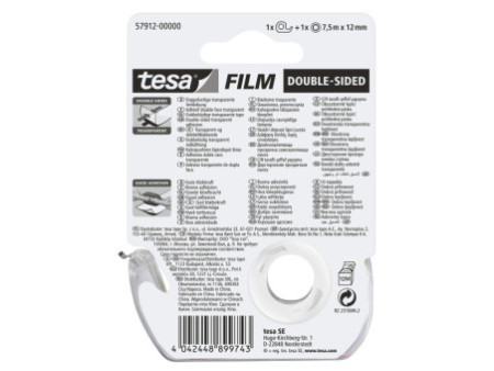 tesa Film Ruban adhésif double face,12 mm x 7,5 m + dévidoir