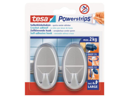 tesa Powerstrips Crochet adhésif LARGE, oval, mat chromé