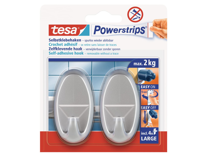 tesa Powerstrips Crochet adhésif LARGE, oval, mat chromé