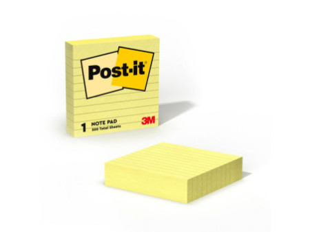 Post-it Bloc-note adhésif XL, ligné, 100 x 100 mm, jaune
