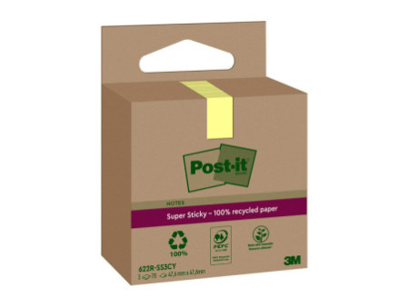 Post-it Super Sticky Recycling Notes, 47,6 x 47,6 mm, jaune