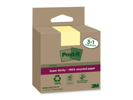 Post-it Super Sticky Recycling Notes, 76 x 76 mm, jaune