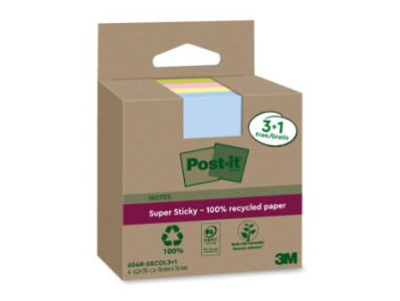 Post-it Super Sticky Recycling Notes, 76 x 76 mm, coloré