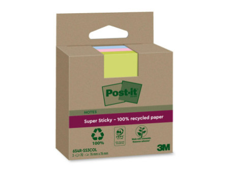 Post-it Super Sticky Recycling Notes, 76 x 76 mm, coloré
