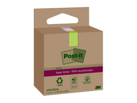 Post-it Super Sticky Recycling Notes, 47,6 x 47,6 mm, coloré