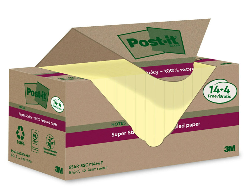 Post-it Super Sticky Recycling Notes, 76 x 76 mm, jaune
