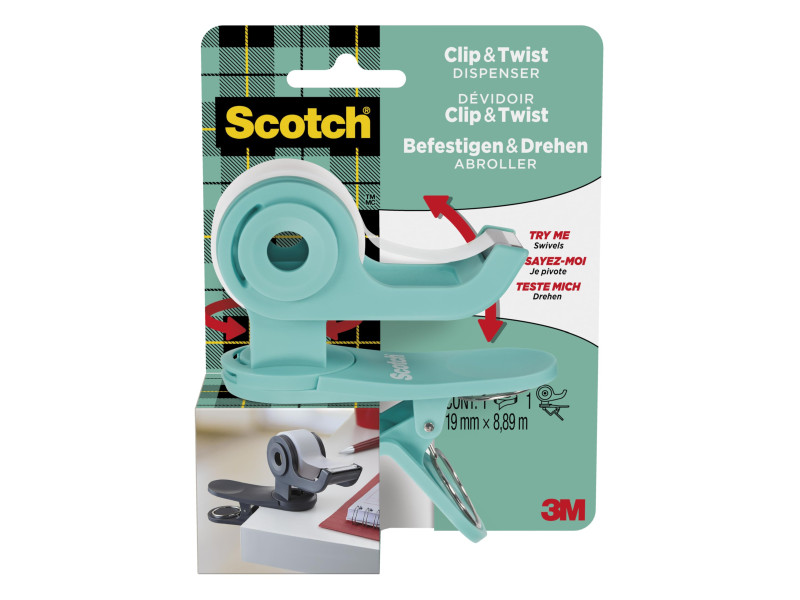 Scotch Dévidoir de ruban adhésif Clip & Twist, turquoise