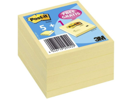 Post-it Notes notes adhésives, 76 x 76 mm, 5+1GRATUIT, jaune