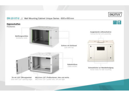 DIGITUS Coffret mural 19' Unique Line, 7 U, gris clair