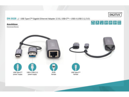 DIGITUS Adaptateur Gigabit Ethernet USB type-C, USB-C+USB A