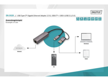 DIGITUS Adaptateur Gigabit Ethernet USB type-C, USB-C+USB A