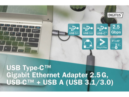 DIGITUS Adaptateur Gigabit Ethernet USB type-C, USB-C+USB A
