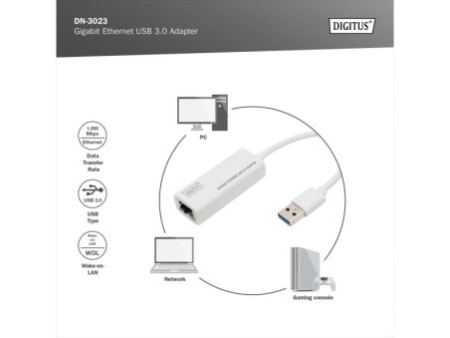 DIGITUS Adaptateur USB 3.0 vers Gigabit Ethernet, blanc