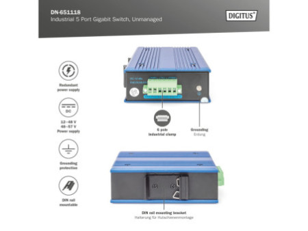 DIGITUS Commutateur industriel Gigabit, 5 ports, Unmanaged