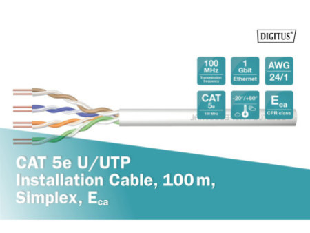 DIGITUS Câble d'installation cat.5e, U/UTP,anneau 100 m,gris