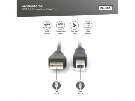 DIGITUS Câble de raccordement USB 2.0, USB-A - USB-B mâle