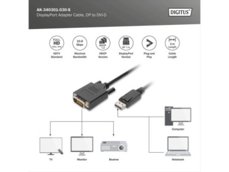 DIGITUS Câble adaptateur DisplayPort, DP - DVI-D 24+1, 3,0 m