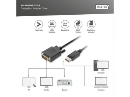 DIGITUS Câble adaptateur, DP - DVI-D 24+1, 2,0 m