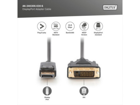 DIGITUS Câble adaptateur, DP - DVI-D 24+1, 3,0 m