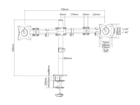 DIGITUS Support double écran universel, fixation par serrage