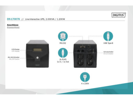 DIGITUS Onduleur Line Interactive, 2.000 VA, 1.200 Watt