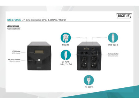 DIGITUS Onduleur Line Interactive, 1500 VA, 900 watts