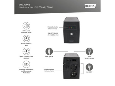 DIGITUS Ondulateur Line Interactive, 600 VA, 360 watts