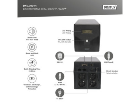 DIGITUS Onduleur Line-Interactive, 1.000 VA, 600 watts