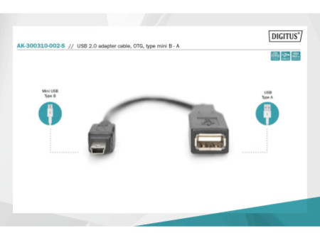 DIGITUS Câble adaptateur USB 2.0, mini USB-B - USB-A, 0,2 m