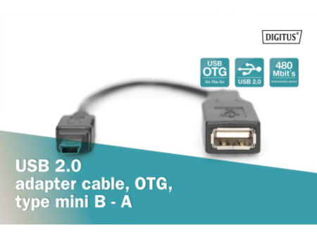DIGITUS Câble adaptateur USB 2.0, mini USB-B - USB-A, 0,2 m