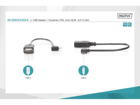 DIGITUS Câble adaptateur USB 2.0, micro USB-B - USB-A, 0,15m