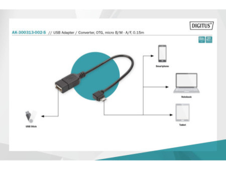 DIGITUS Câble adaptateur USB 2.0, micro USB-B - USB-A, 0,15m